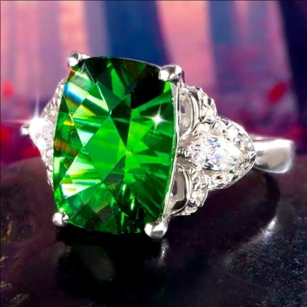 Sterling silver Green Emerald cut Engagement Ring
